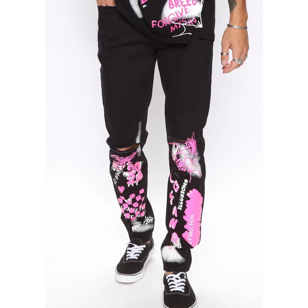 Men's Fashion Nova Men's Black Distressed Knee Printed Skinny Jeans sz 30